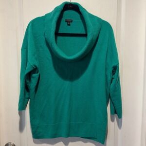 Ann Taylor Emerald Green Cowl Neck Sweater W Lg 3/4 Sleeve Knit Top Minimalist